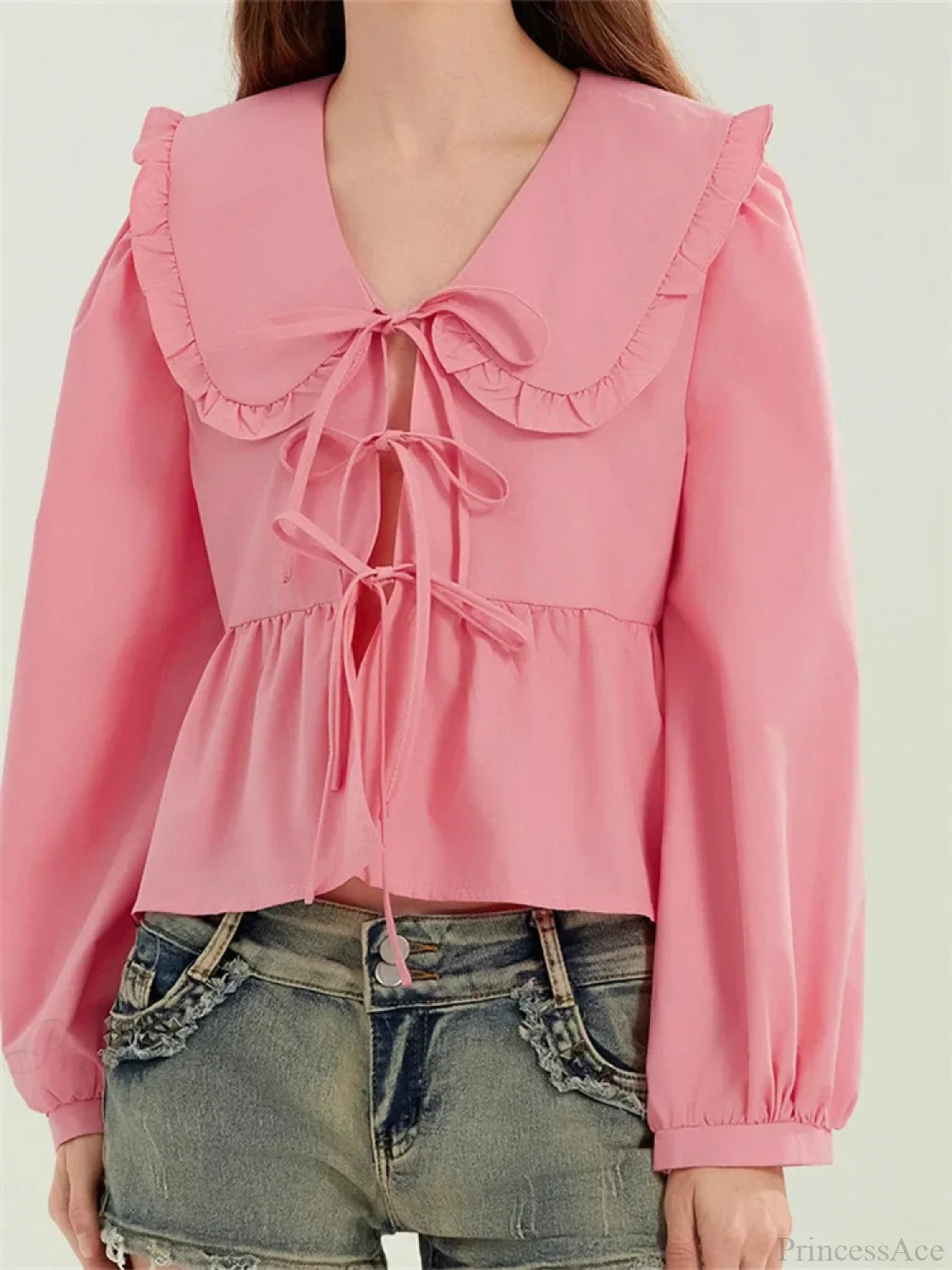 Ruffled Turn-Down Neck Tie-Up Blouse blouse-250223