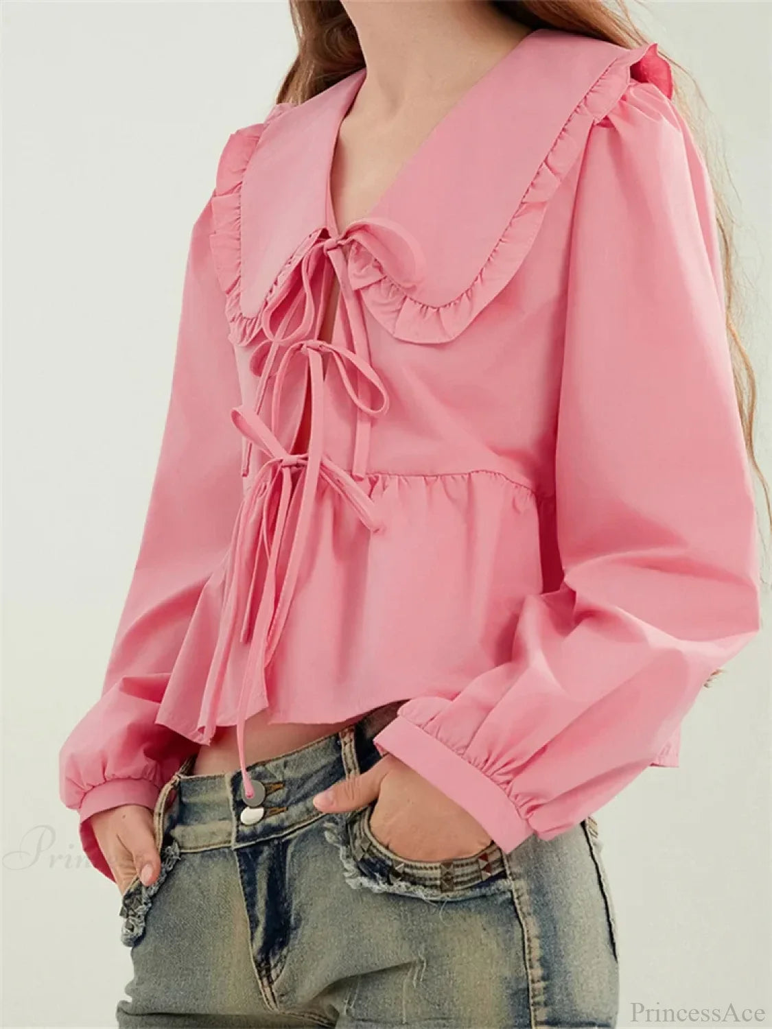 Ruffled Turn-Down Neck Tie-Up Blouse blouse-250223