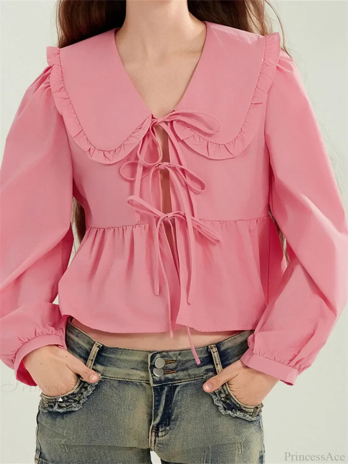 Ruffled Turn-Down Neck Tie-Up Blouse blouse-250223