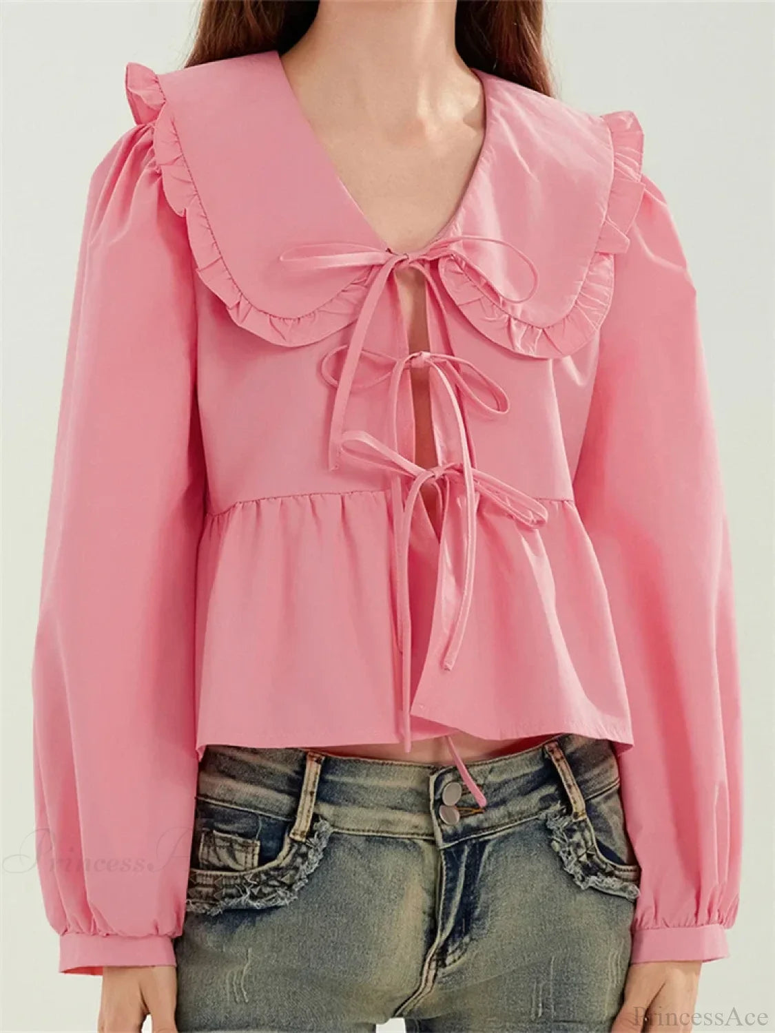 Ruffled Turn-Down Neck Tie-Up Blouse pink / S blouse-250223