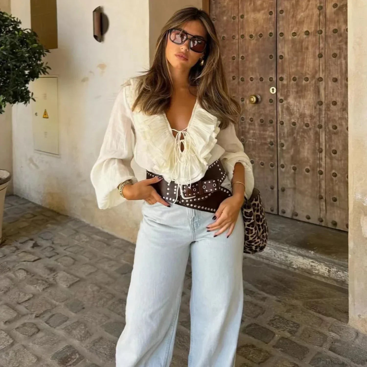 Ruffles Deep V-Neck Lace-Up Loose Oversize Boho Blouse bohoblouse-250126