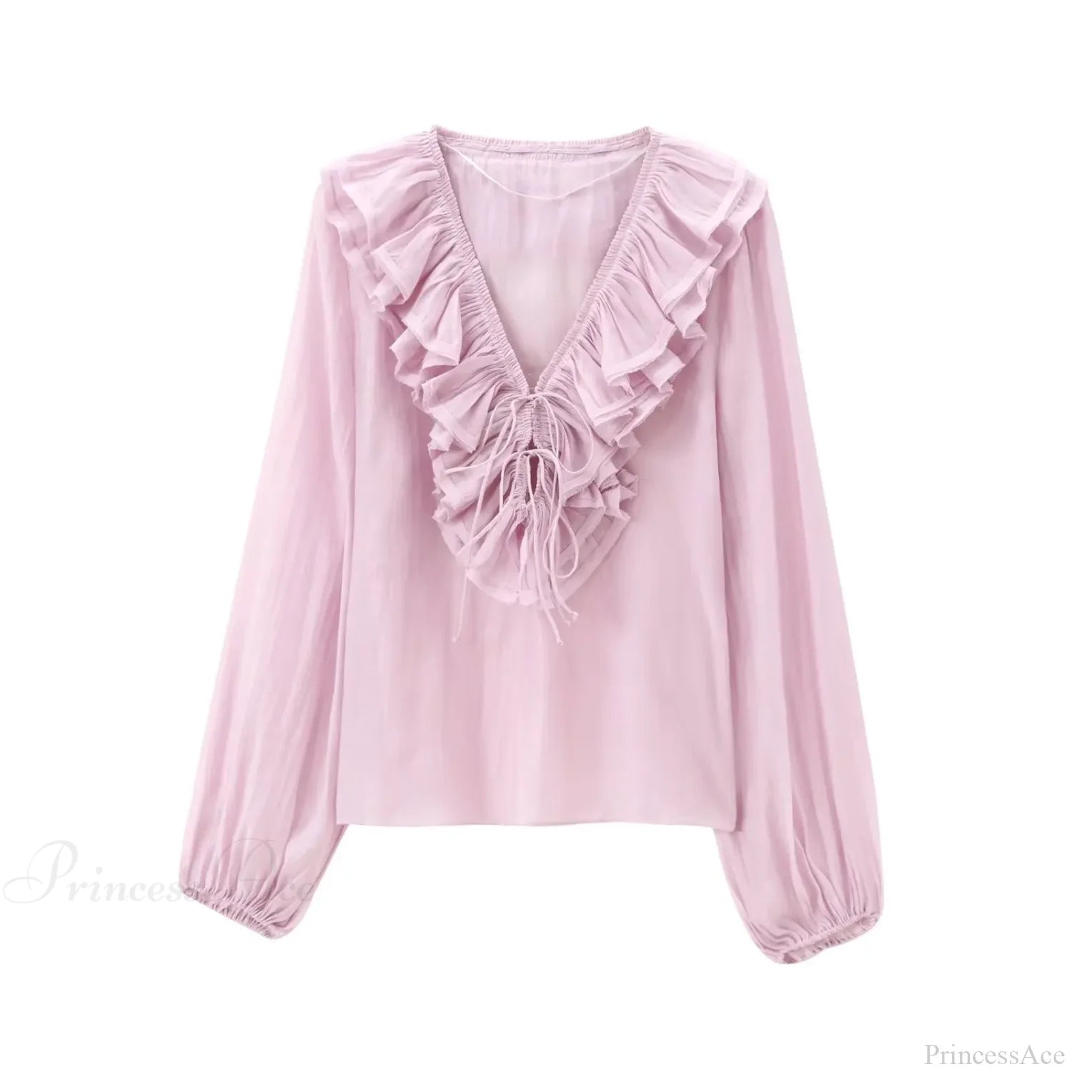 Ruffles Deep V-Neck Lace-Up Loose Oversize Boho Blouse Pink / XS bohoblouse-250126