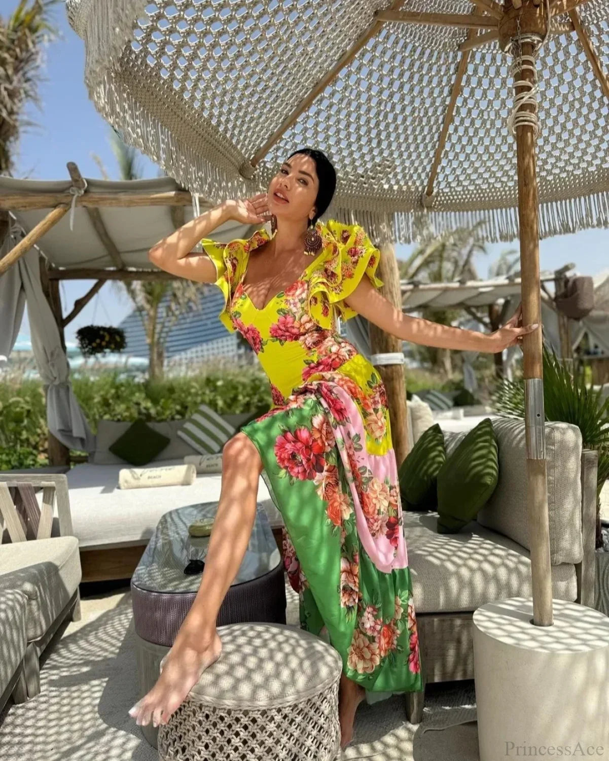 Ruffles Flower Print Skirt Two Piece Set color Swimsuit and Skirt / S