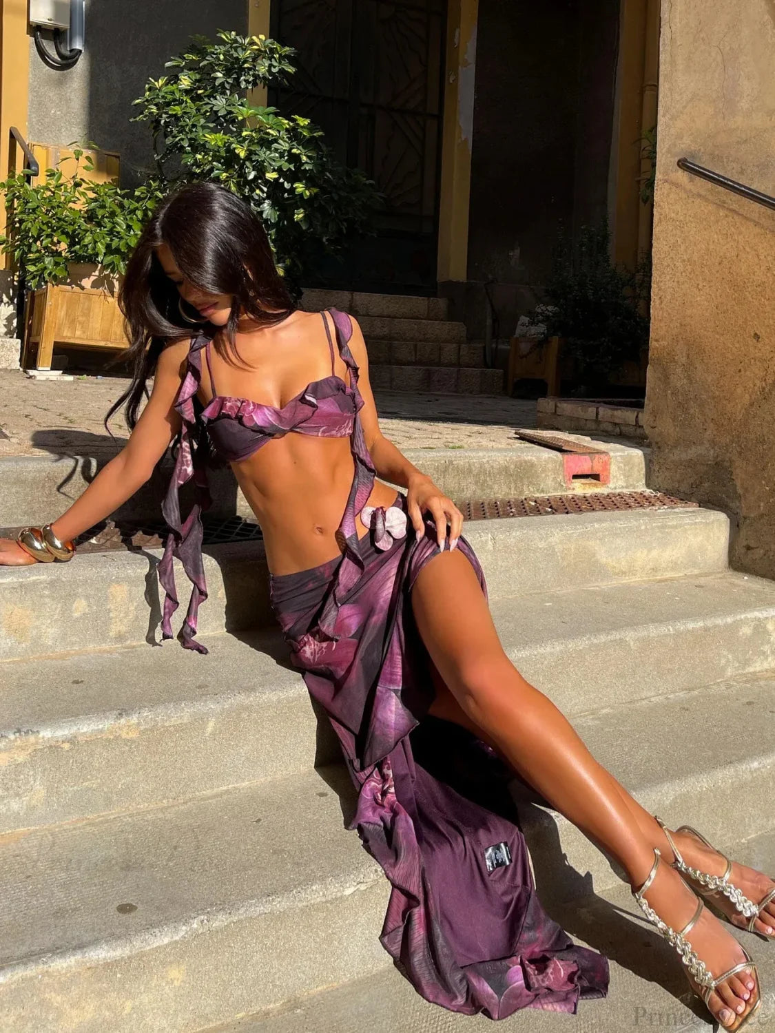 Ruffles Flower Print Three Piece Swimsuit purple / S