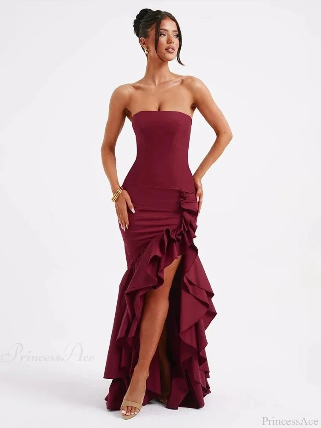 Ruffles High Split Maxi Vacation Dress claret / S vacationdress-250223
