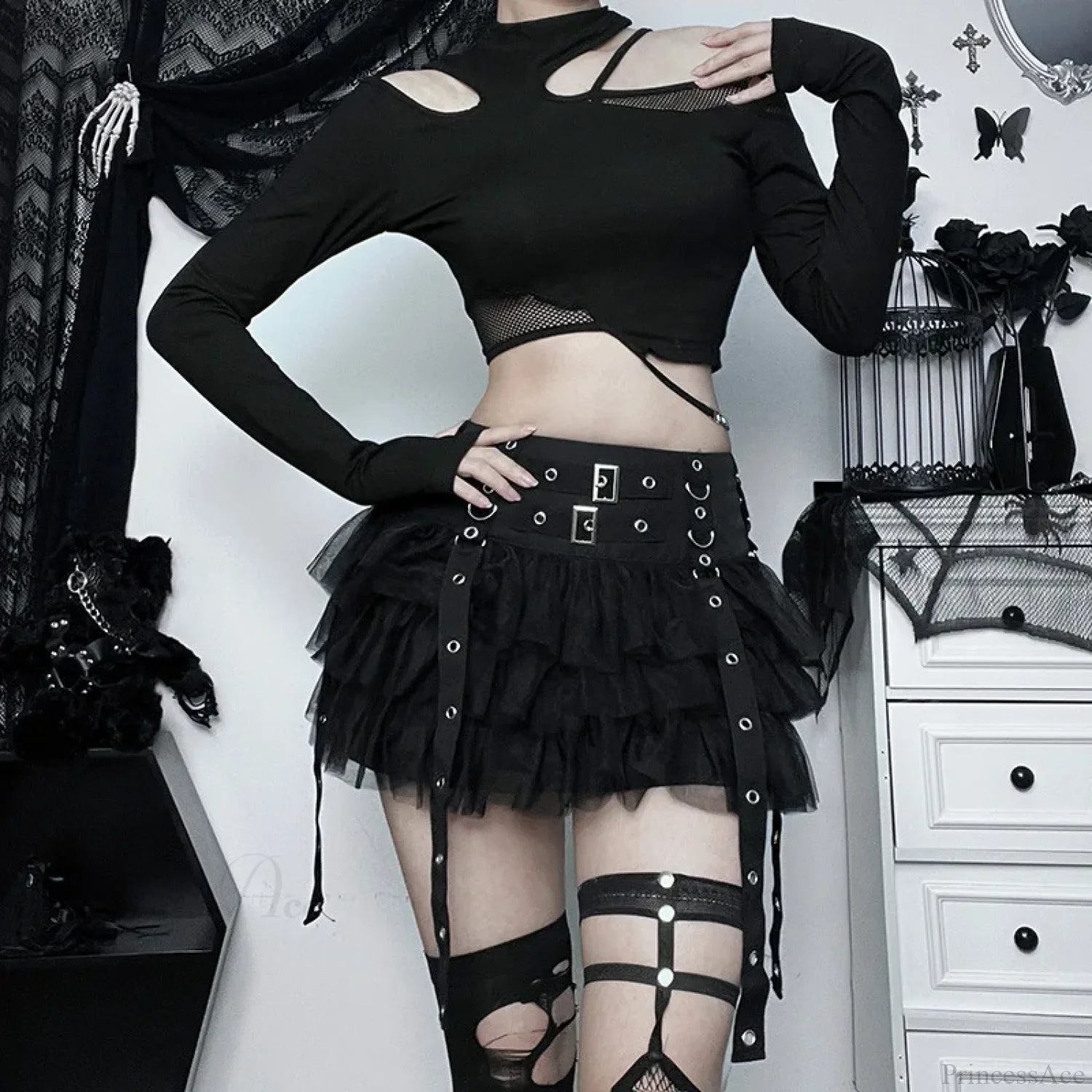 Ruffles Mesh Splice A-line Skirt