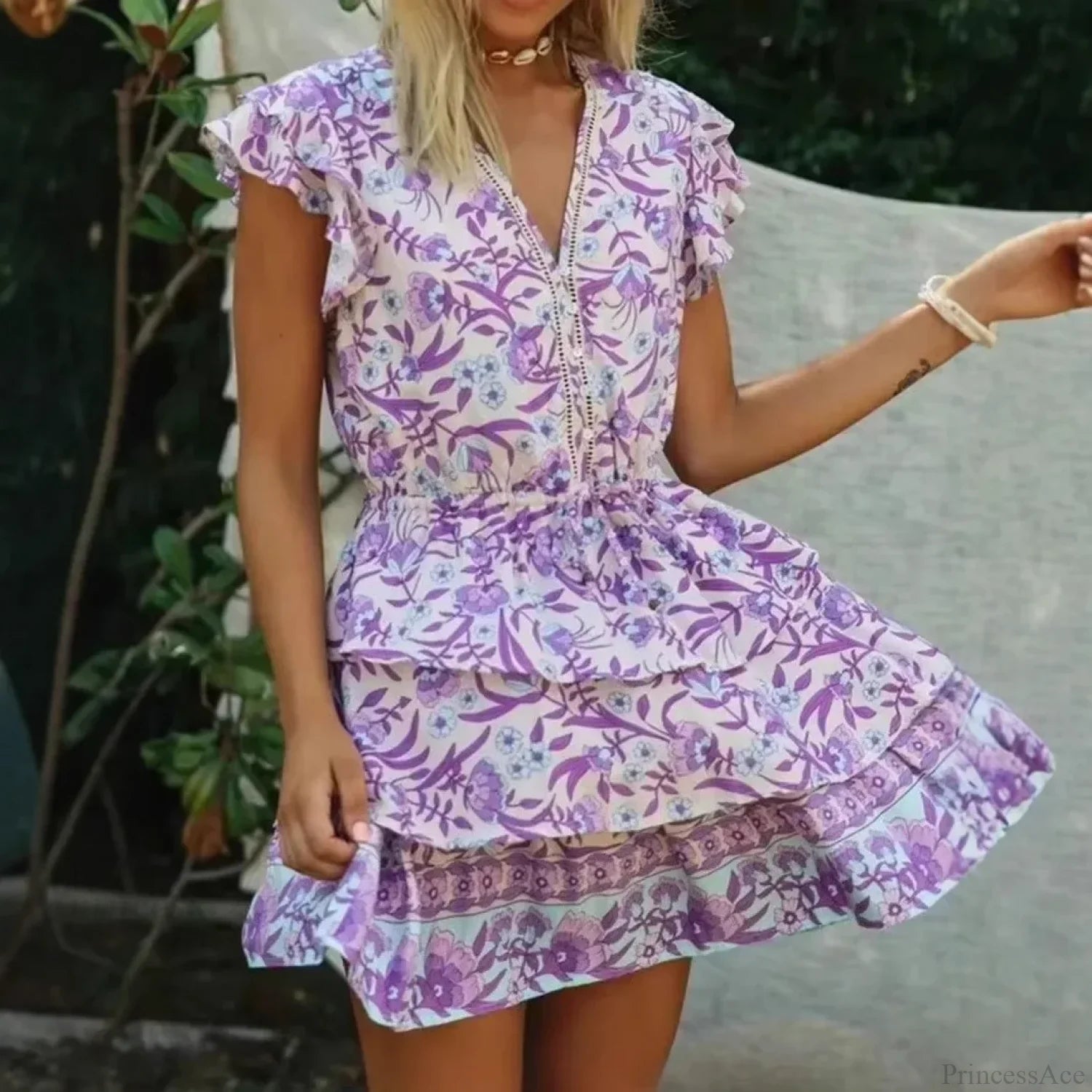 Ruffles Sleeve Floral Beach Boho Mini Dress Purple / S bohodress-250126