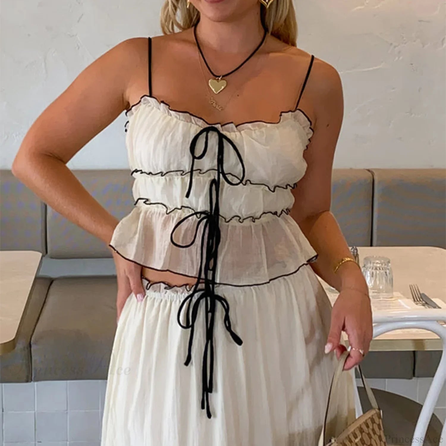 Ruffles Tie-Up Crop Top A-line Maxi Skirt Two Pieces Set twopiecesset-250126