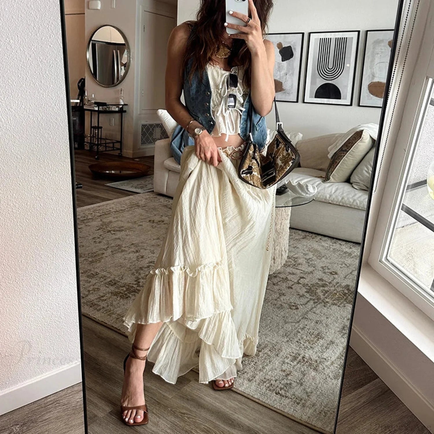 Ruffles Tie-Up Front Camis Crop Top Maxi Skirt Two Pieces Set twopiecesset-250126