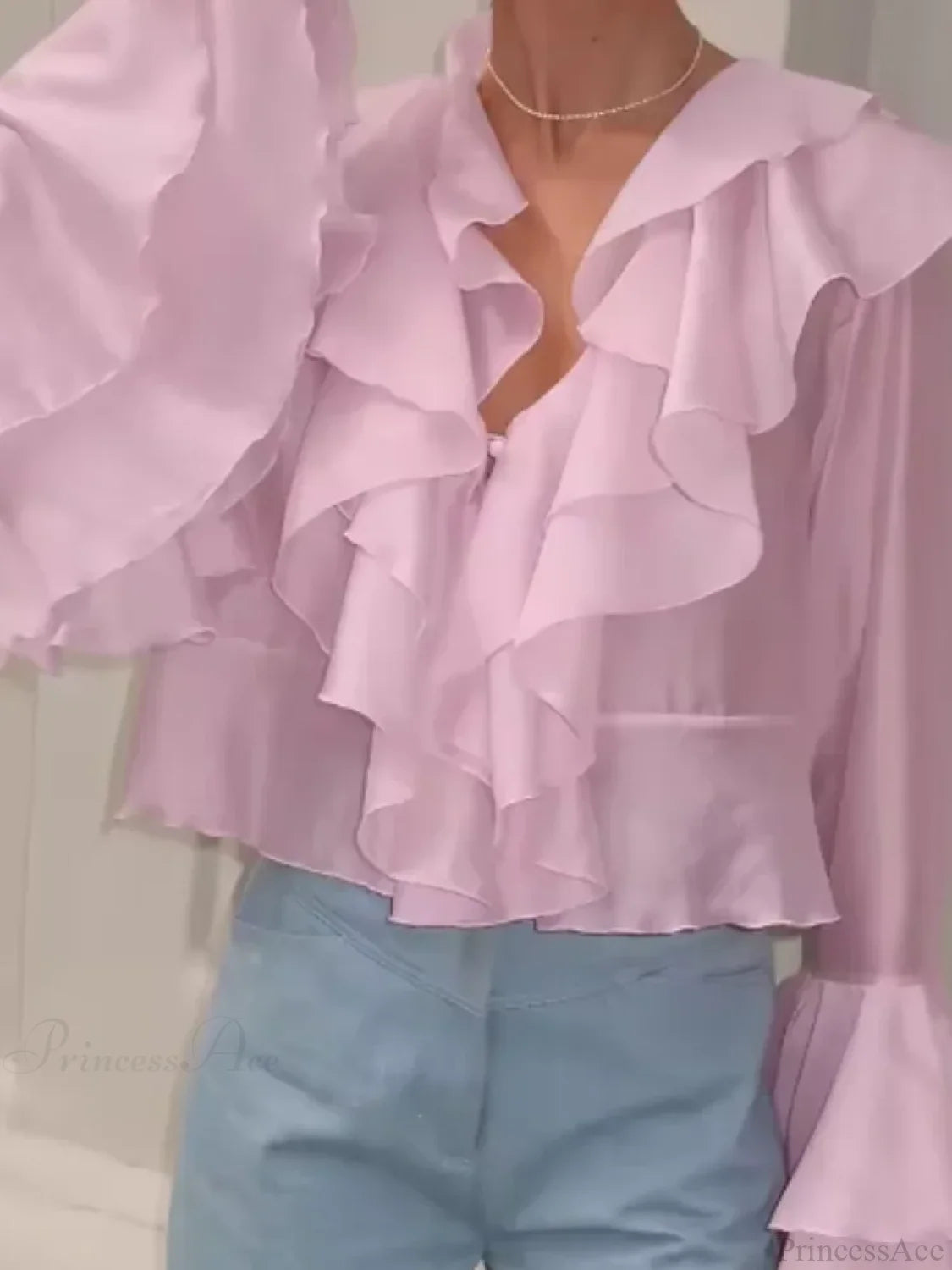 Ruffles V Neck Pink Chiffon Blouse blouse-250223