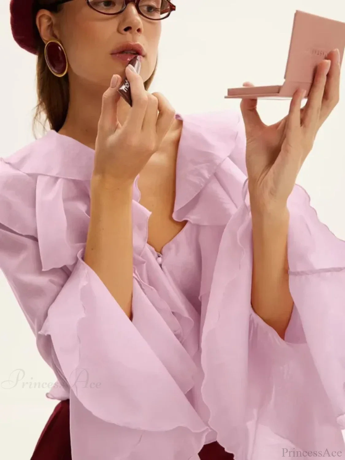 Ruffles V Neck Pink Chiffon Blouse blouse-250223