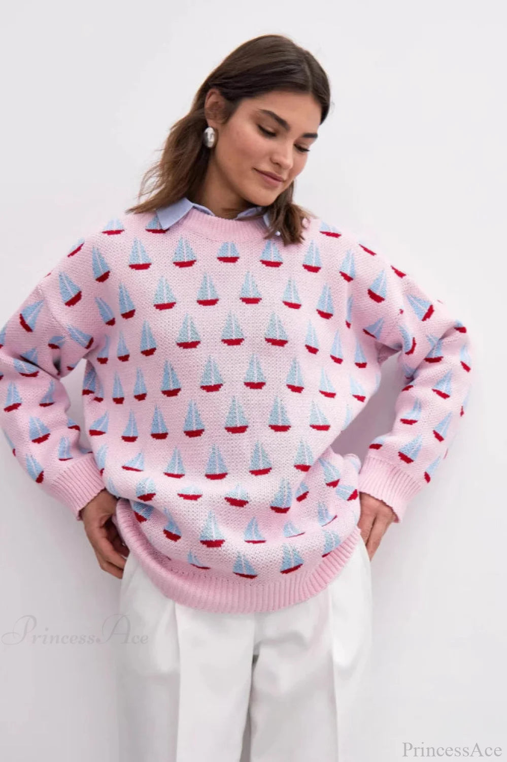 Sailboat Jacquard Loose Lazy Versatile Multi color Pullover Knit Sweater Pink / S
