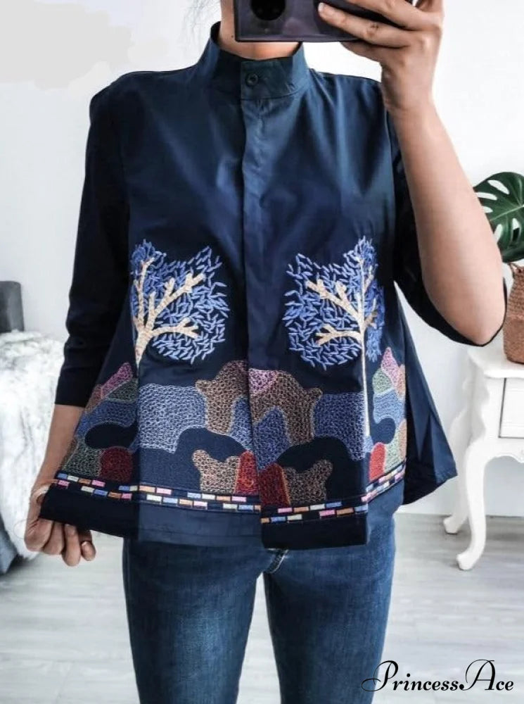 Sana Embroidered Shirt Navy / S Tops & Blouses