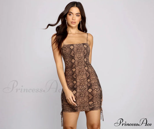 Sassy Snake Print Ruched Mini Dress - Lady Occasions