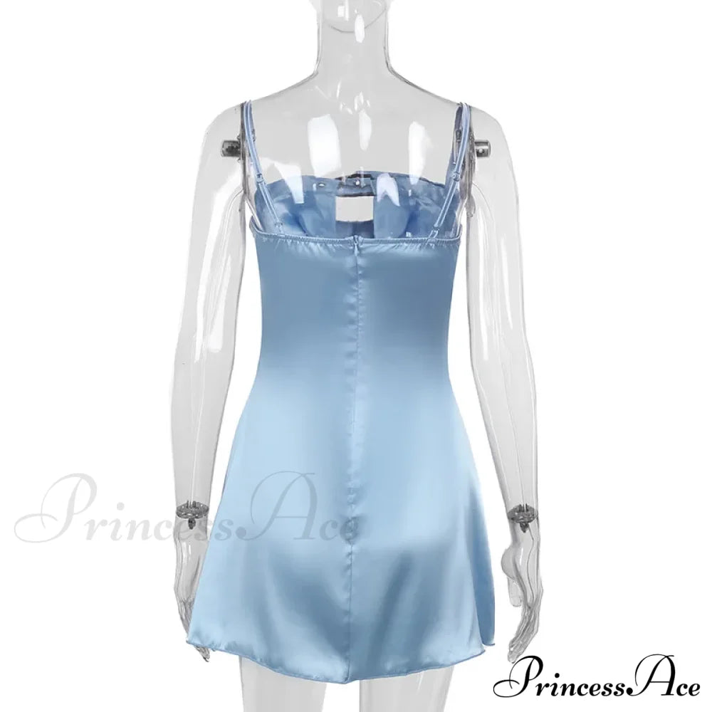 Satin Belted Hollow Cowl Graceful Neck Slip Mini Dress For Women