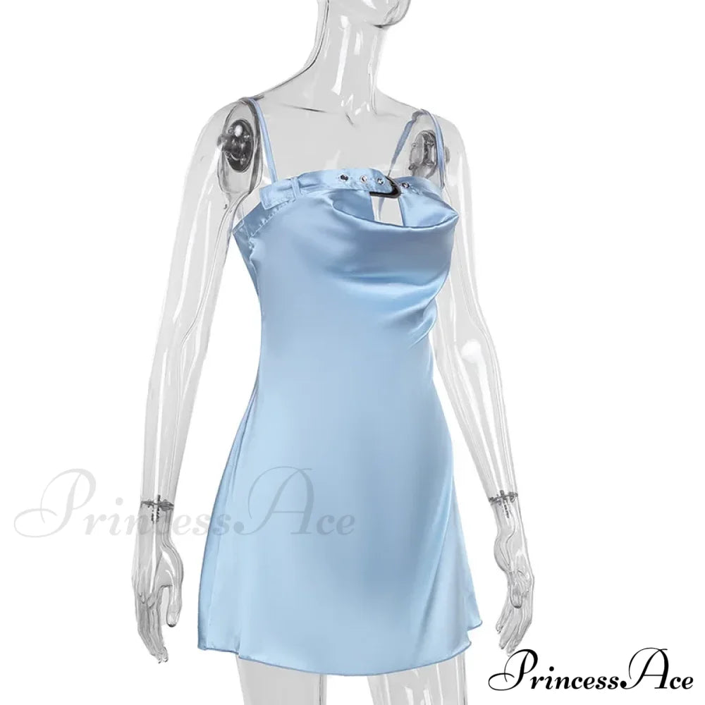 Satin Belted Hollow Cowl Graceful Neck Slip Mini Dress For Women