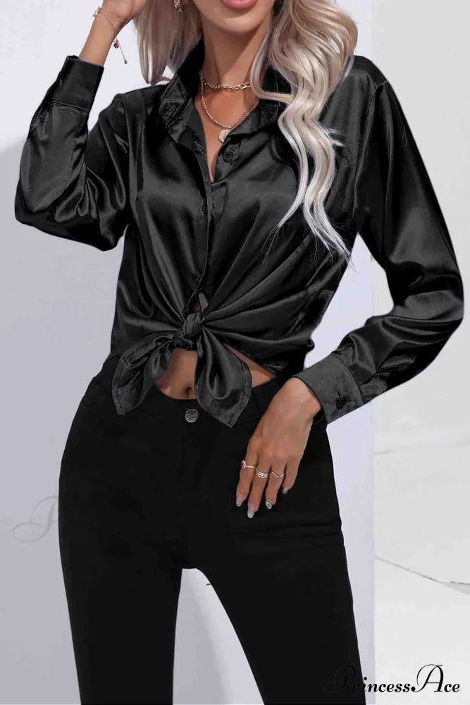 Satin Button Up Blouse With Lapel Black / M Blouses