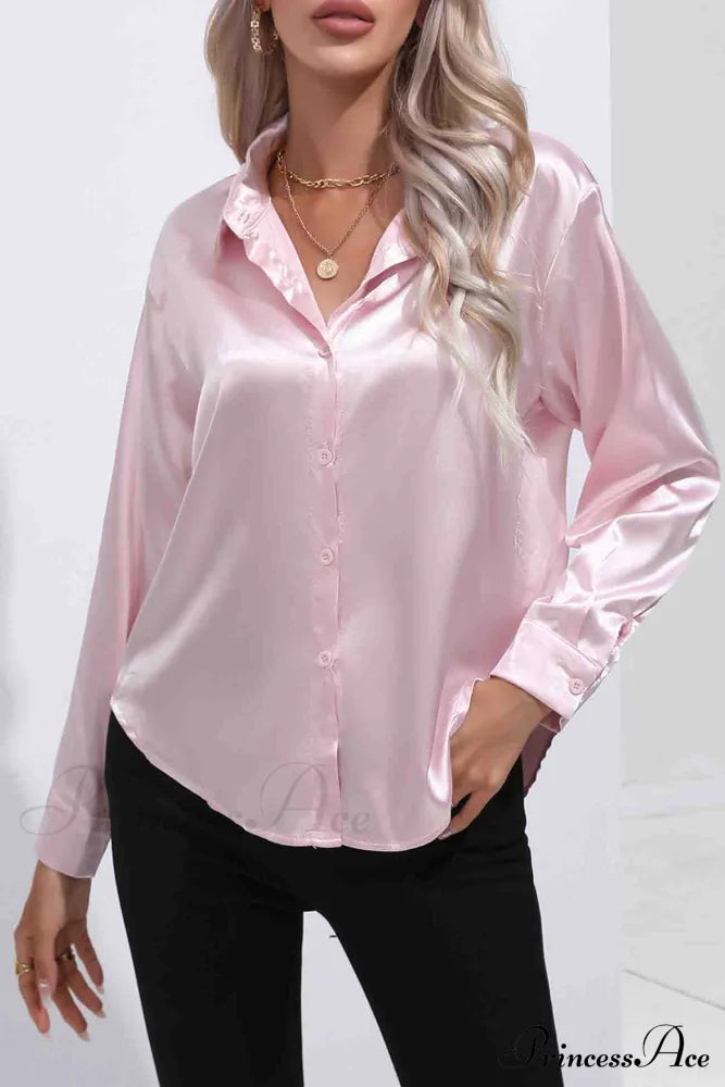 Satin Button Up Blouse With Lapel Blouses