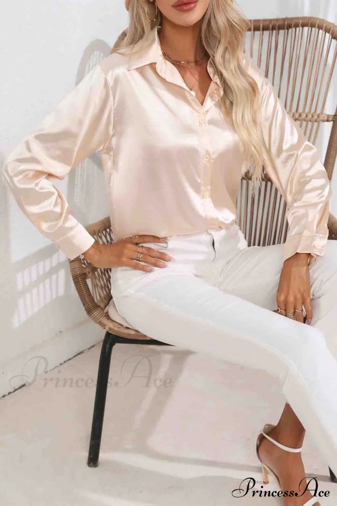 Satin Button Up Blouse With Lapel Champagne / M Blouses