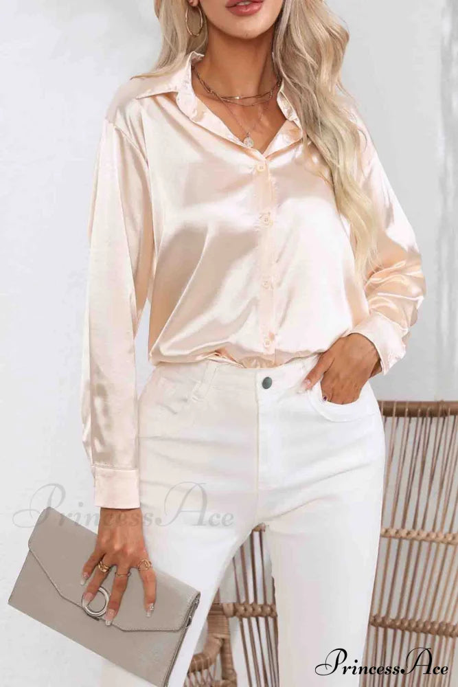 Satin Button Up Blouse With Lapel Champagne / S Blouses