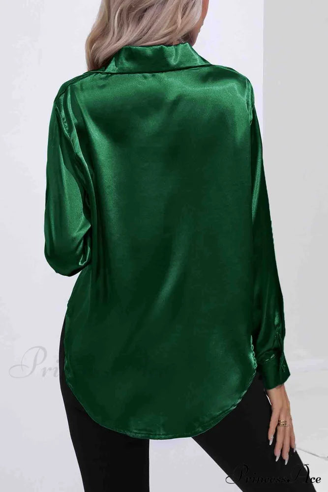 Satin Button Up Blouse With Lapel Dark Green / Xxl Blouses