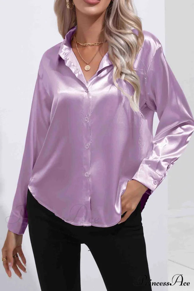 Satin Button Up Blouse With Lapel Purple / M Blouses