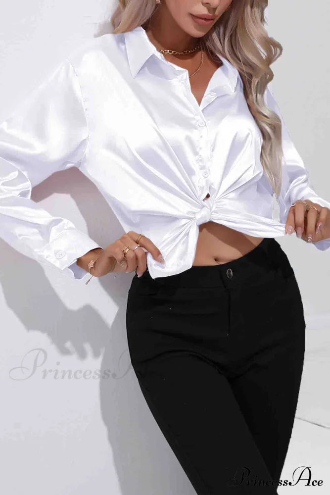 Satin Button Up Blouse With Lapel White / L Blouses