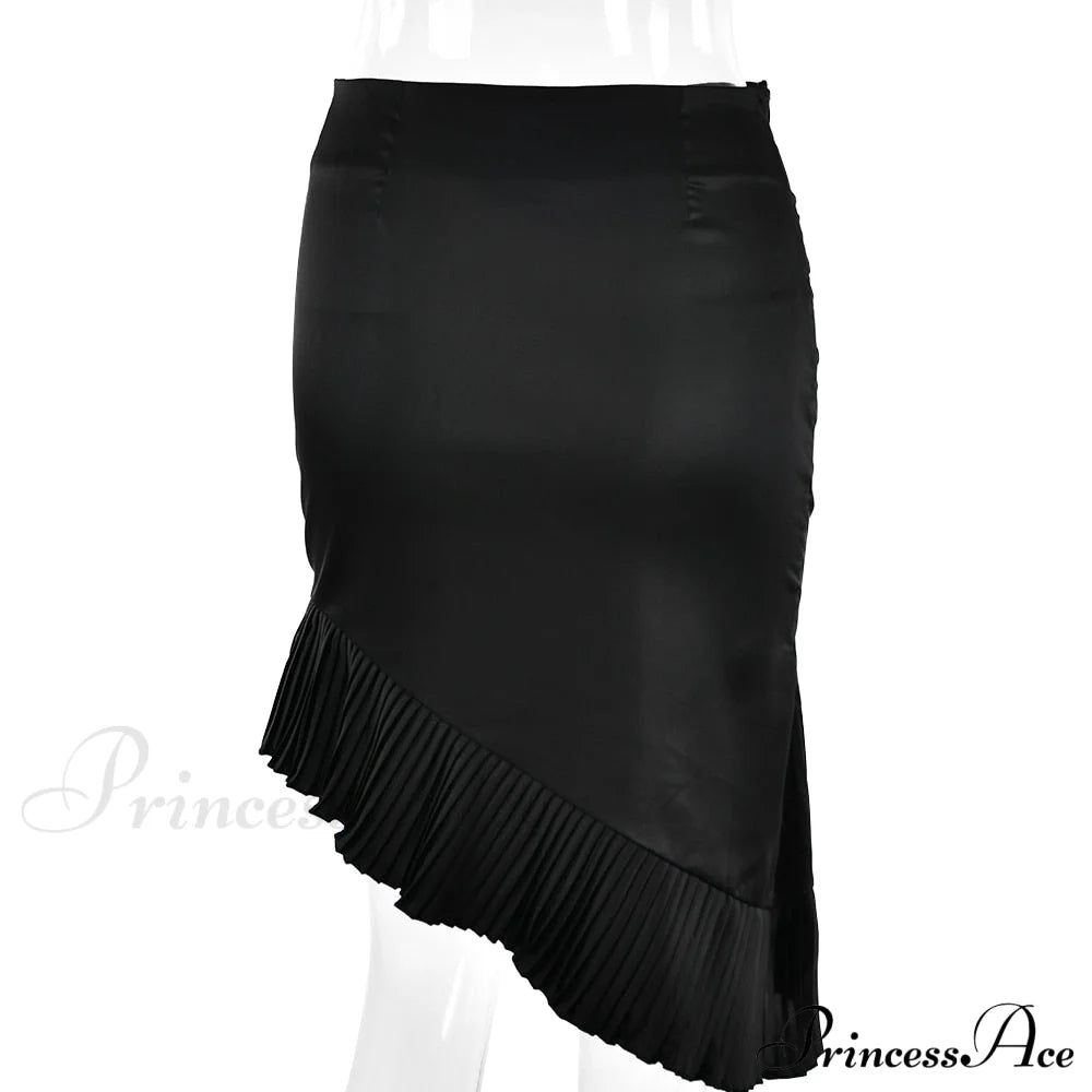 Satin Irregular Pleated Charming Trim Midi Skirt