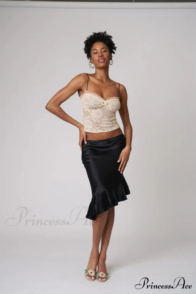 Satin Irregular Pleated Charming Trim Midi Skirt