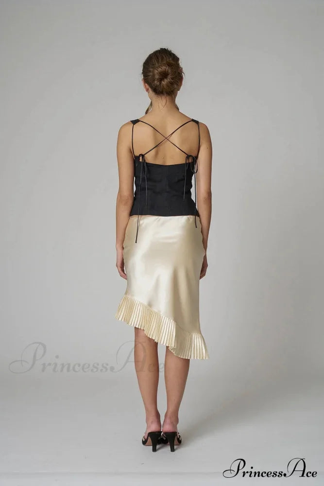 Satin Irregular Pleated Charming Trim Midi Skirt