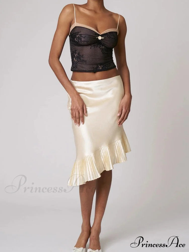Satin Irregular Pleated Trim Midi Skirt - Free From Label