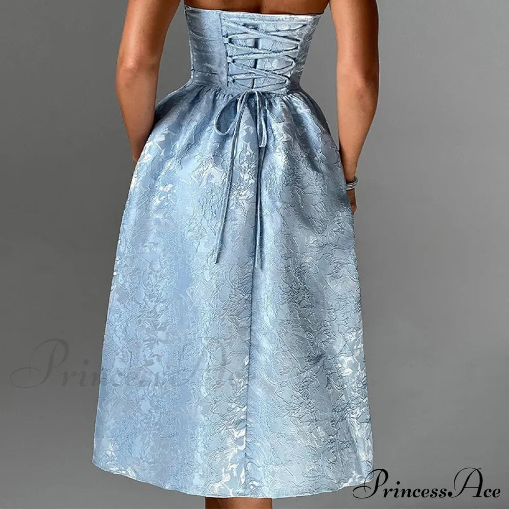 Satin Jacquard Printed Charming Tube Flare Midi Dress