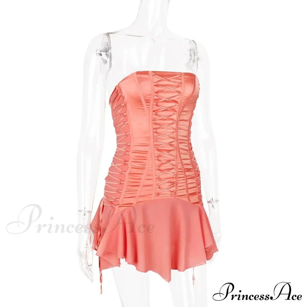 Satin Lace Up Charming Bandage Strapless Mini Dress
