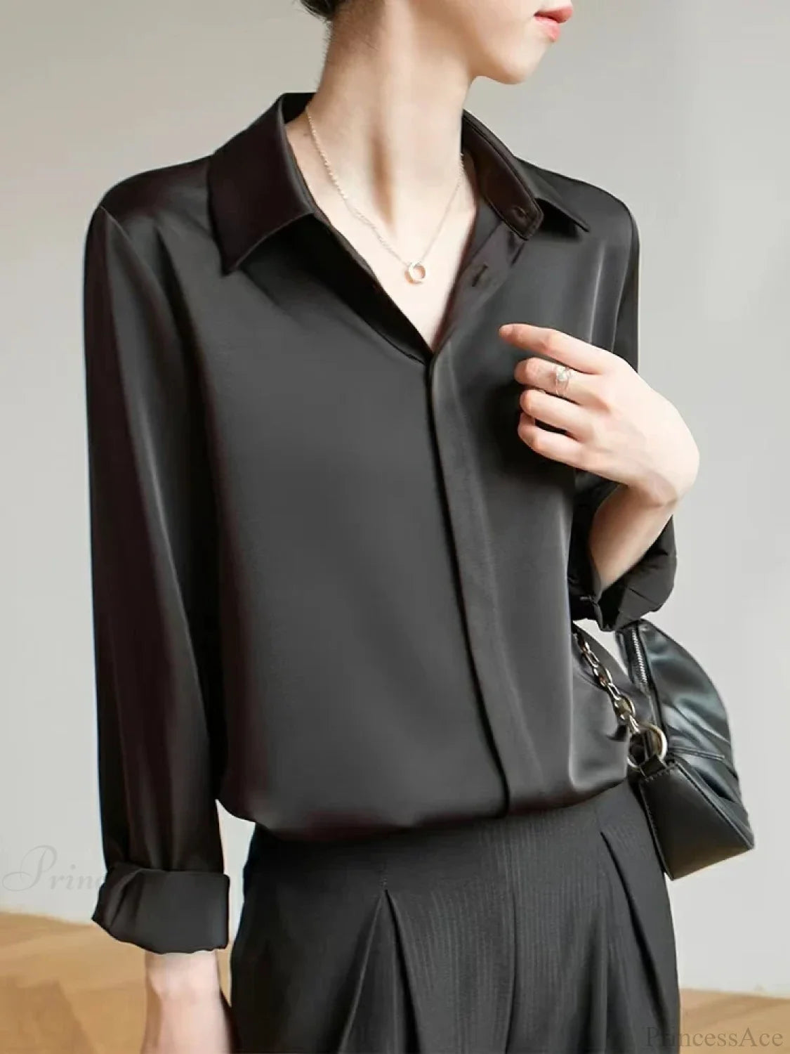Satin Long Sleeve French Style Office Lady Blouse Black / S blouse-250126