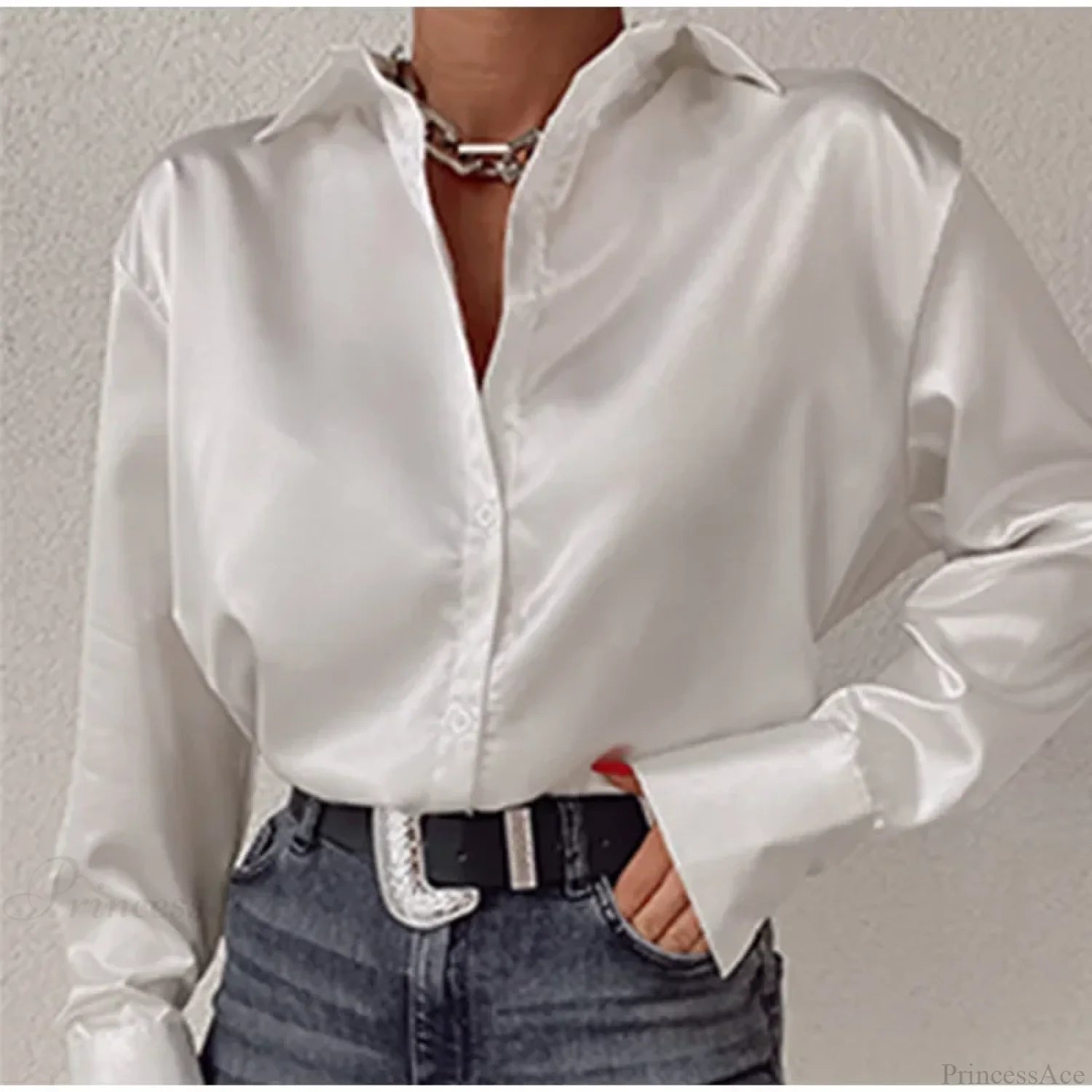 Satin Long Sleeve Vintage Blue Blouse blouse-250223