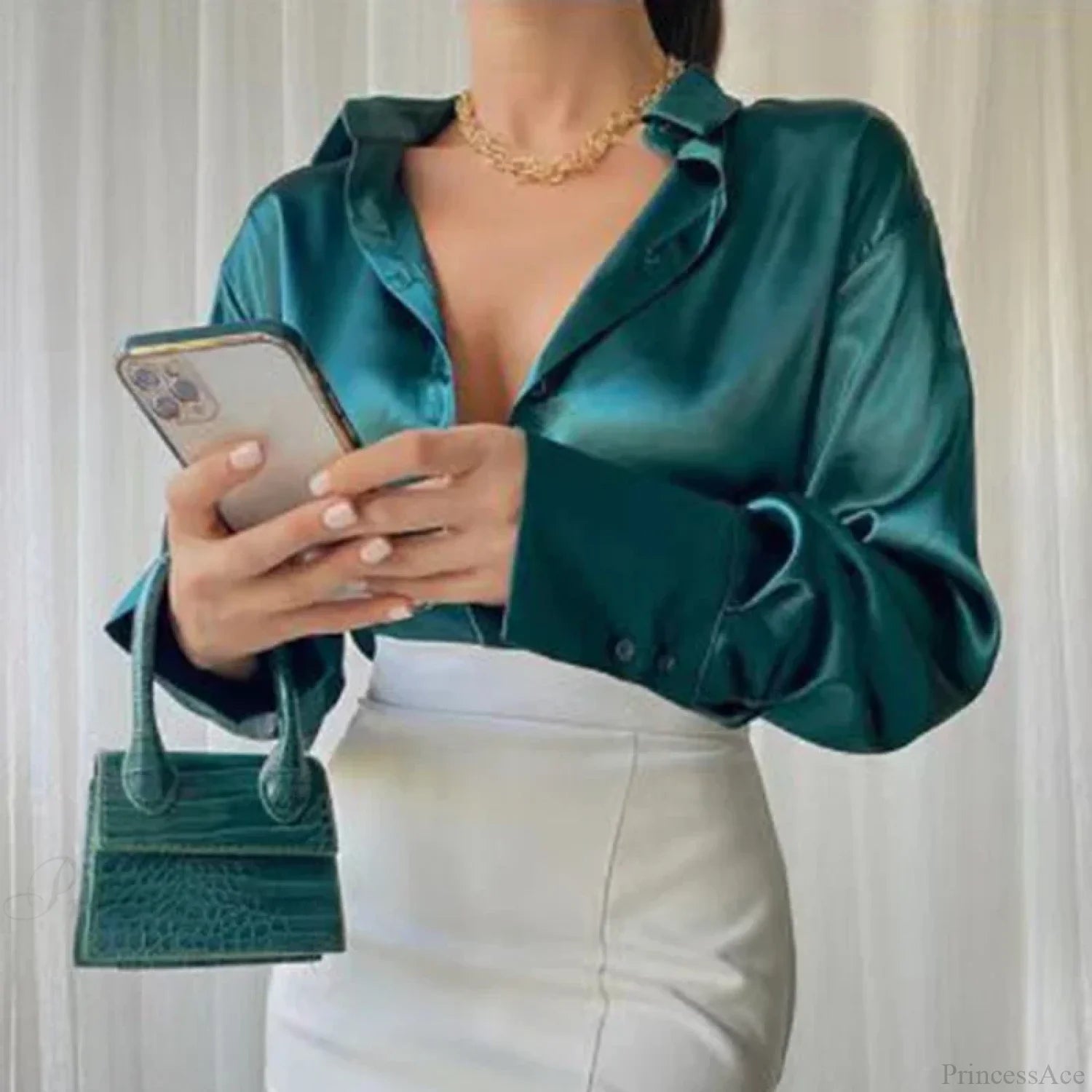Satin Long Sleeve Vintage Blue Blouse Dark green / S blouse-250223