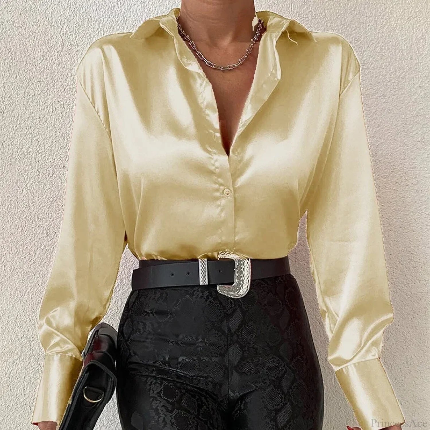 Satin Long Sleeve Vintage Blue Blouse Yellow / S blouse-250223