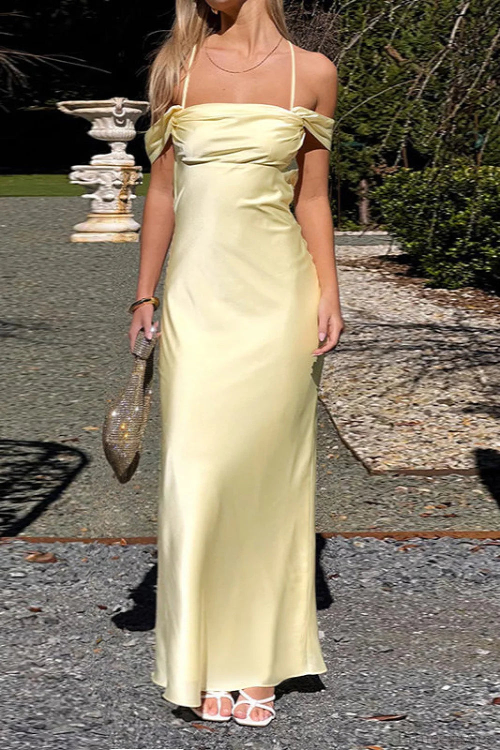 Satin Off Shoulder Backless Tie Cami Maxi Dress Yellow / S