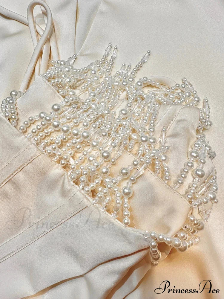 Satin Pearl Tassel Charming Corset Tube Midi Dress