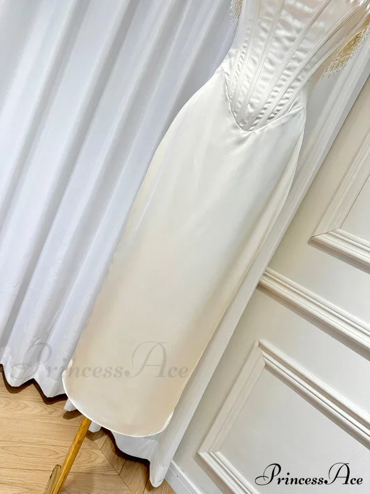 Satin Pearl Tassel Charming Corset Tube Midi Dress