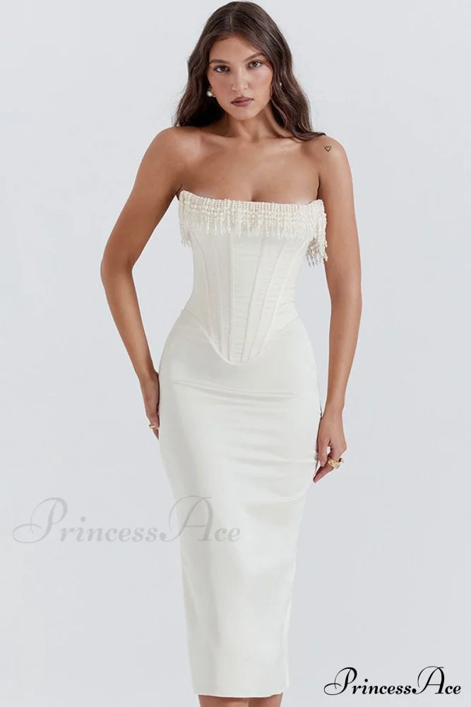 Satin Pearl Tassel Charming Corset Tube Midi Dress
