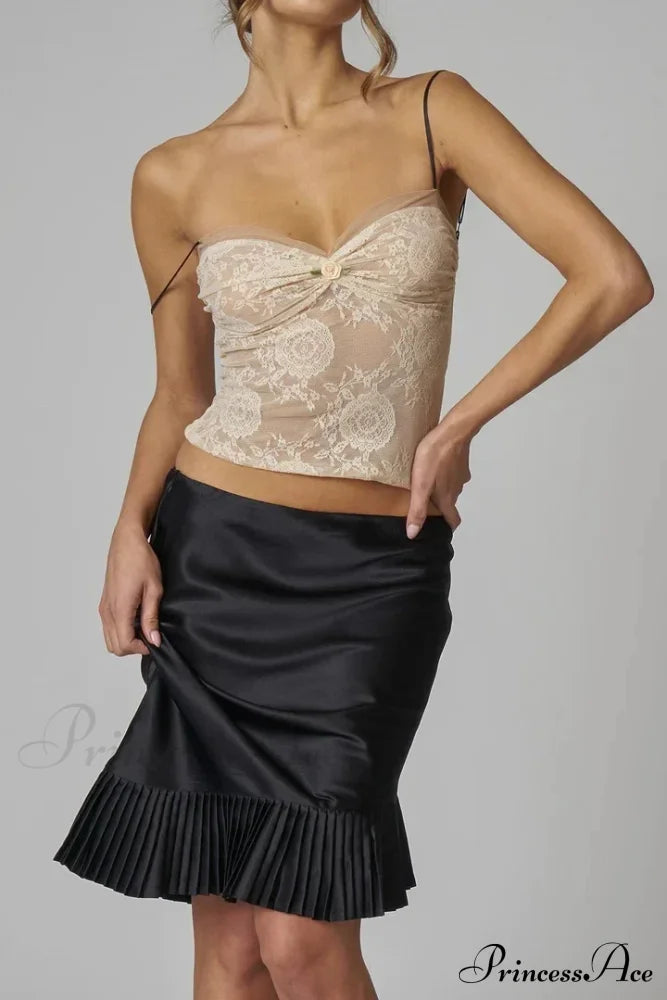 Satin Pleated Stylish Trim Midi Skirt Skirts