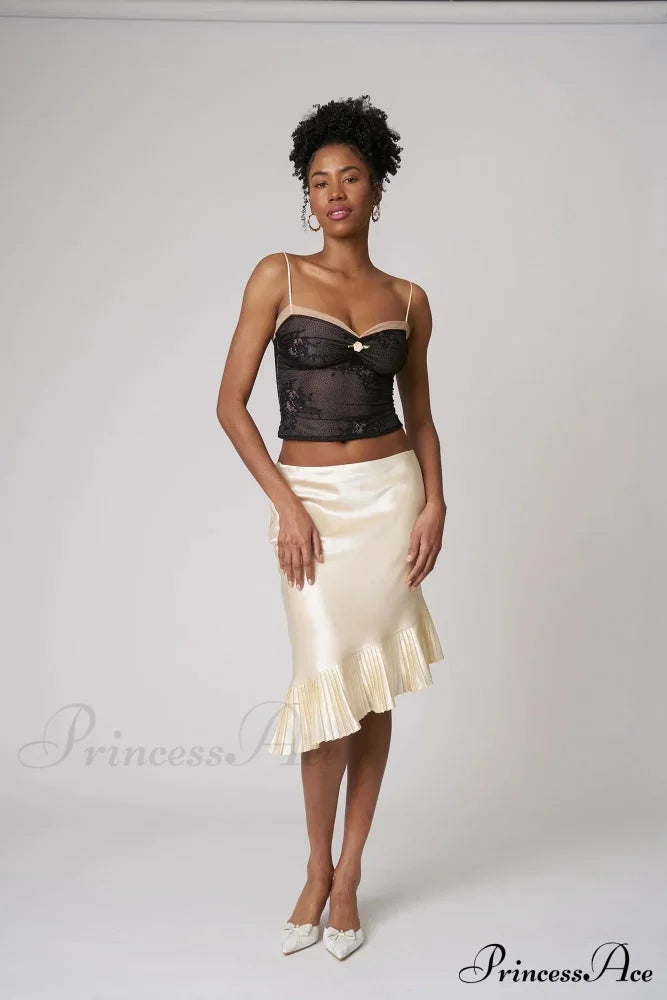 Satin Pleated Stylish Trim Midi Skirt Skirts
