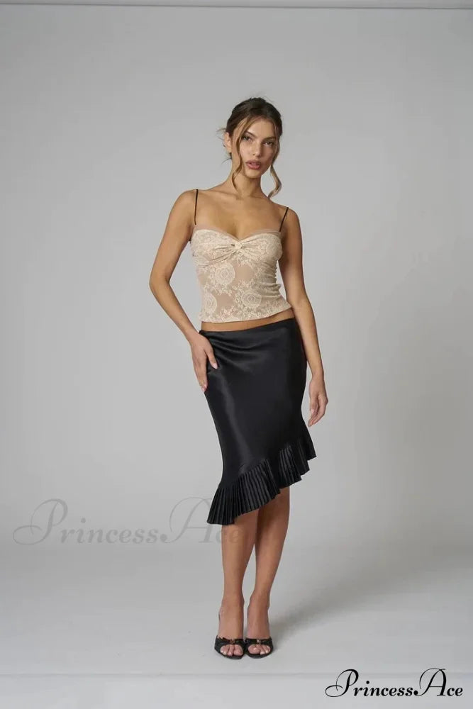 Satin Pleated Stylish Trim Midi Skirt Skirts