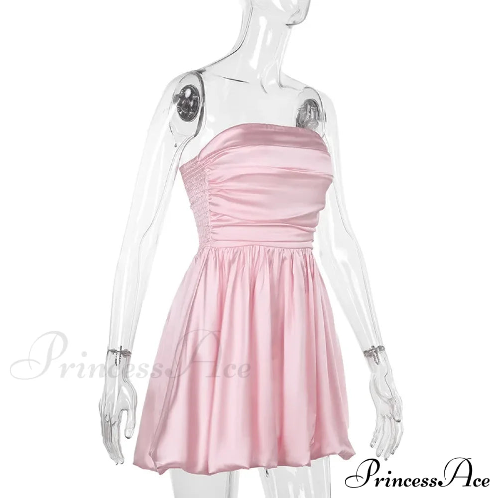 Satin Puff Ruched Charming Tube Mini Dress Solid