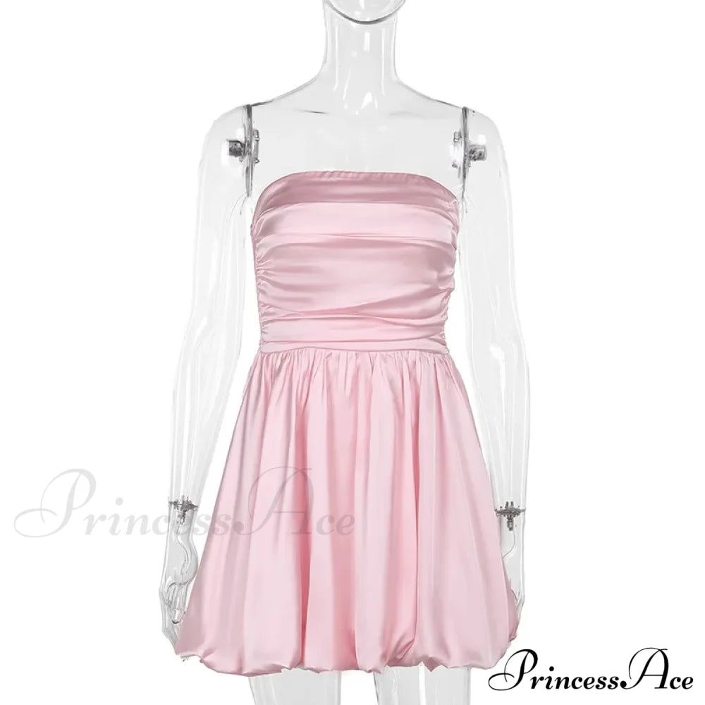 Satin Puff Ruched Charming Tube Mini Dress Solid