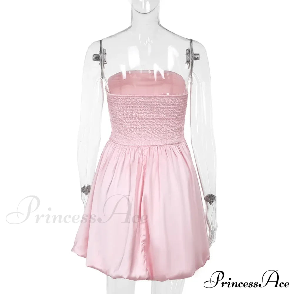 Satin Puff Ruched Charming Tube Mini Dress Solid