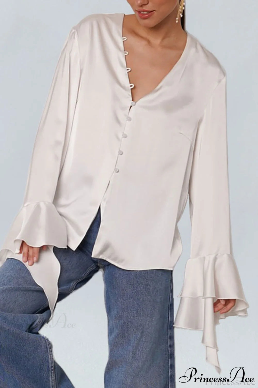 Satin Ruffled Solid Color Blouse