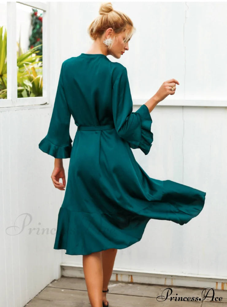 Satin Solid Dress With Ruffle Flare Sleeves And Sash Wrap For Women M / Green Dresses