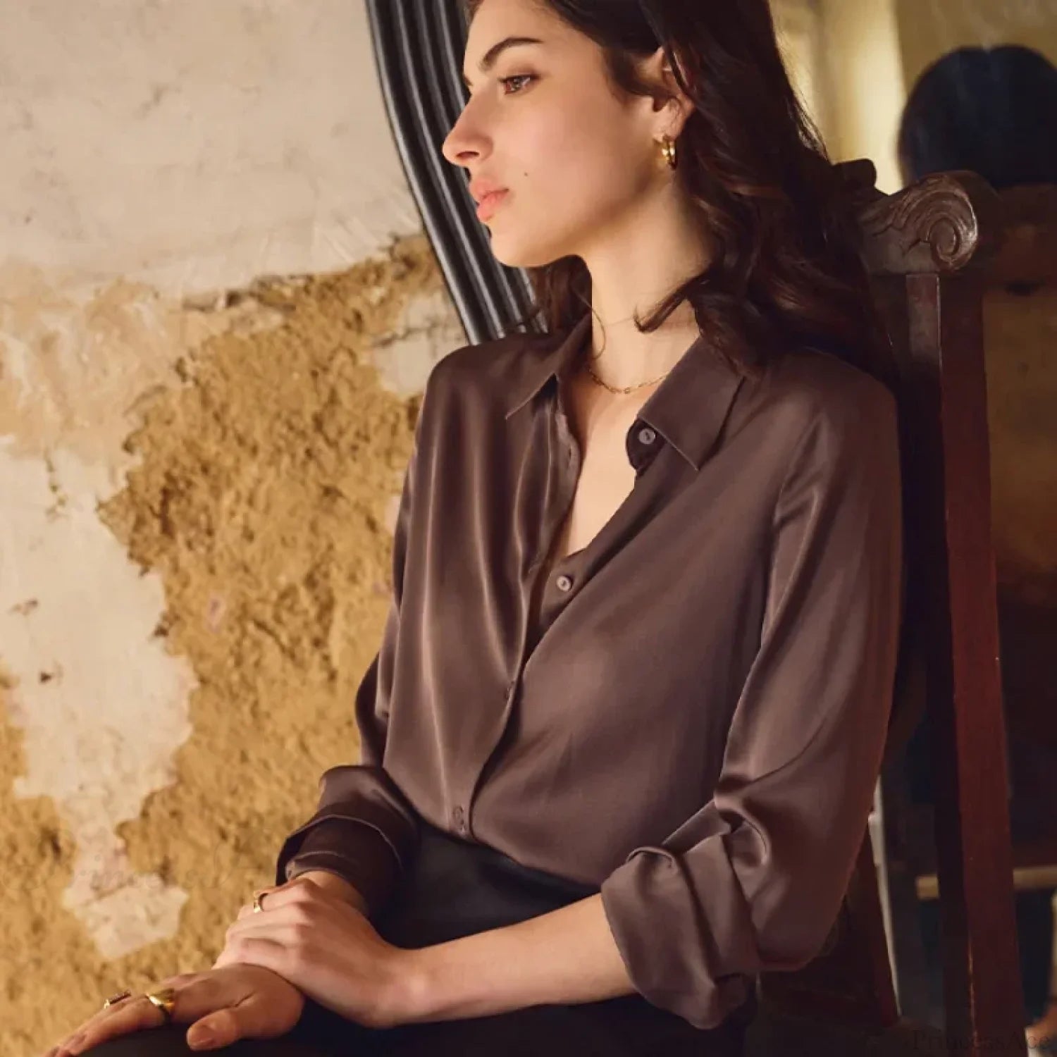 Satin Solid Long Sleeve Polo Neck Blouse blouse-250223